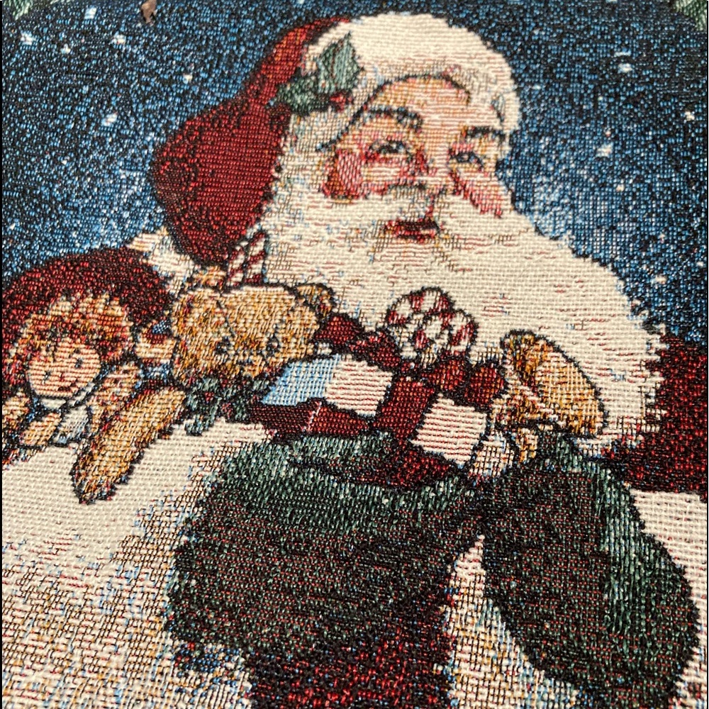 Santa tapestry with wooden hanger and Santa ready for Christmas hanging